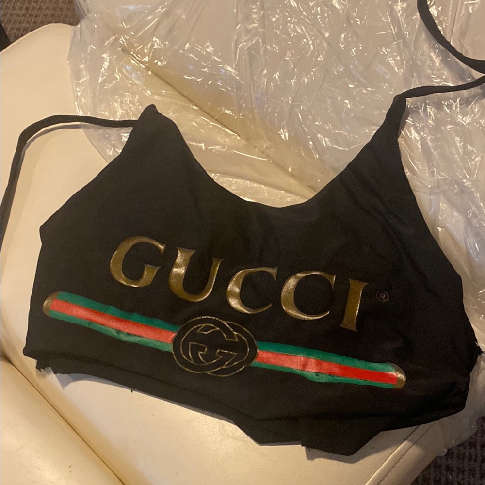 Guc hi fashion Black Crop Top bikini Gold Logo and Green-Red Stripe auth detail